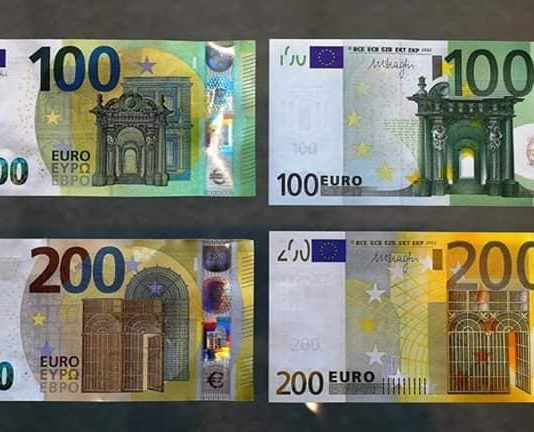 Des examplaires des nouveaux billets de 100 et 200 euros
